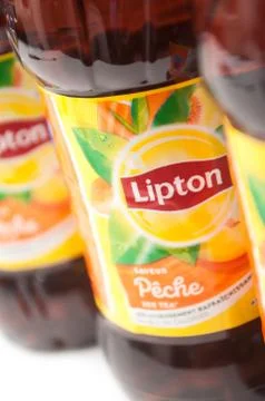 Closeup of Lipton ice tea in plastic bottles on white background Stock Photos