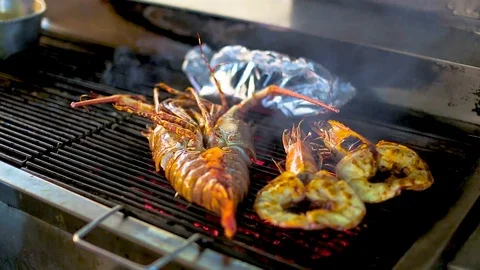 Closeup lobster and prawn, BBQ, sea food, street food Stock Footage 80532476