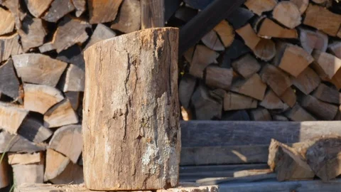 Closeup of a Log Being Split into Firewood in 4K Stock Footage 85873145
