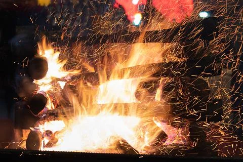Closeup of a log campfire Stock Photos