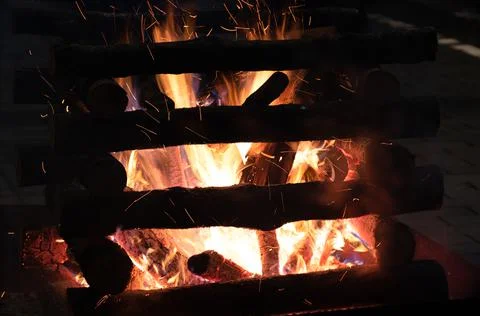 Closeup of a log campfire Stock Photos