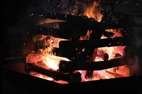 Closeup of a log campfire Stock Photos