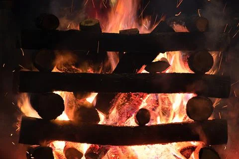 Closeup of a log campfire Stock Photos