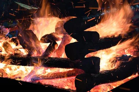 Closeup of a log campfire Stock Photos