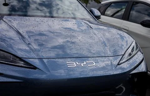 Closeup of logo BYD Stock Photos