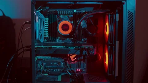 Closeup look at the working PC setup, working cooling fan, gaming PC Stock Footage 147669051