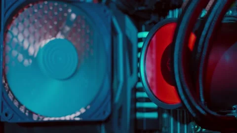 Closeup look at the working PC setup, working cooling fan, gaming PC Stock Footage 147669137