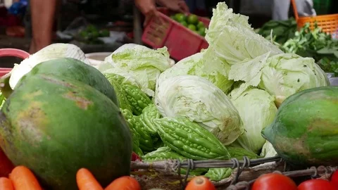 Closeup of a lot of vegetables in wicker baskets on the local market Stock Footage 81168556
