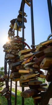 Closeup love locks on railing Stock Photos