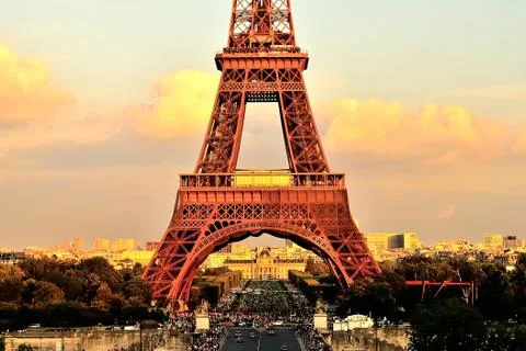 Closeup of lower eiffel tower at sunset pont d'lena 写真素材