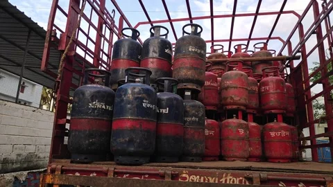 Closeup of LPG or Liquid petroleum gas cylinders loaded in the truck Stock Footage 246930336