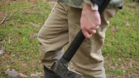 Closeup lumberjack holding axe Stock Footage 75485108