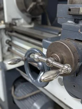 Closeup Of Machining Controls. Exposed Handwheels And Dials Illustrating Ma.. Stock Photos