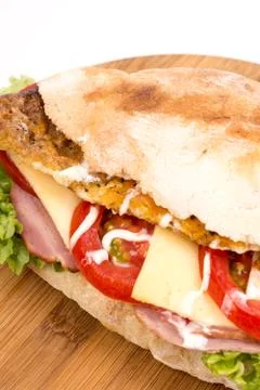Closeup macro bread sandwich meat tomato cheese Foto stock