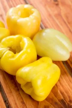 Closeup macro of fresh raw cleaned yellow paprika ready for stuffing Stock Photos