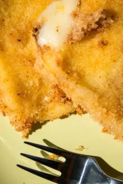 Closeup macro of melting fried cheese on the plate Stock Photos