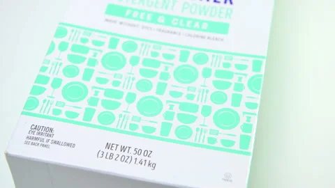 Closeup macro panning free clear Trader Joe's store dishwasher detergent powder Stock Footage 179054890