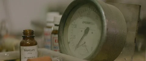 Closeup macro shot of dial turning on with and mercury bottle sitting next to it Stock Footage 102633273