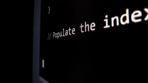 Closeup macro shot movement of coding script moving across LED screen. Stock Footage 241005661