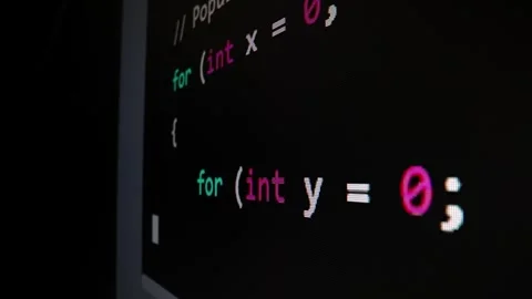 Closeup macro shot movement of coding script moving across LED screen. Stock Footage 251108767