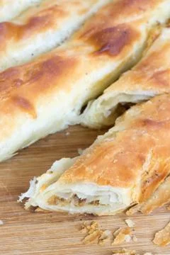 Closeup macro slice of burek with meat Stock Photos