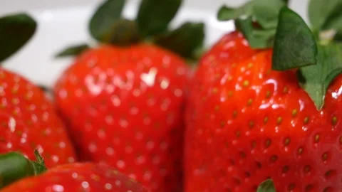 Closeup / Macro of Strawberry being placed on a pile of strawberries. Video stock 104677705