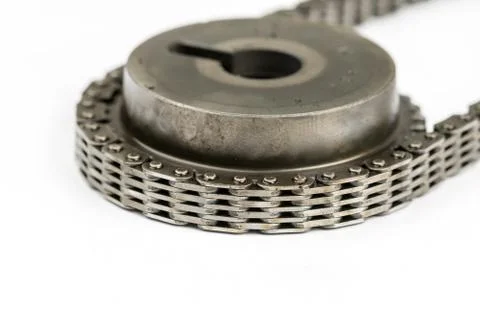 Closeup macro used oiled timing chain with cam shaft Stock Photos