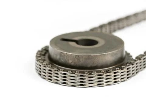 Closeup macro used oiled timing chain with cam shaft Stock Photos