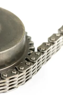 Closeup macro used oiled timing chain with cam shaft Stock Photos