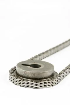 Closeup macro used oiled timing chain on cam shaft Stock Photos