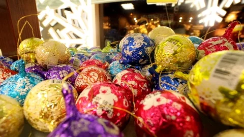 Closeup macro view of new year and Christmas tree colorful chocolate toys on the 스톡 동영상 120161817