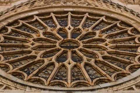 Closeup of the main rose window of leon gothic cathedral in spain Stock Photos