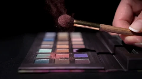 Closeup make up brush slow motion powder flick over make up palette Stock Footage 127609873