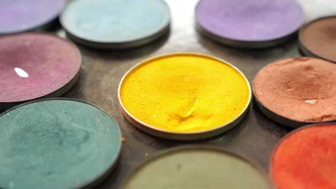 Closeup makeup multicolored eyeshadow palette in a beauty salon Stock Footage 132379982