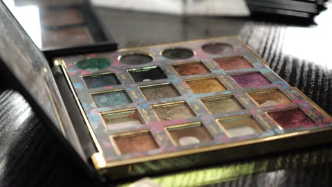 Closeup makeup multicolored eyeshadow palette in a beauty salon Stock Footage 132449345