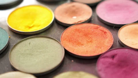 Closeup makeup multicolored eyeshadow palette in a beauty salon Stock Footage 133802268