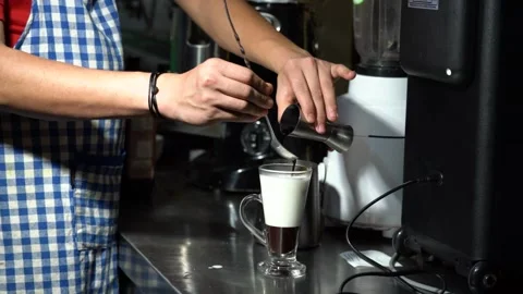 Closeup of Making Cafe Mocha in Slow motion in Coffee shop, Coffee machine 스톡 동영상 250981701
