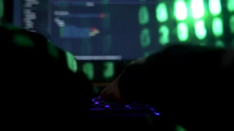 Closeup male hands in gloves is hacking password. Programmer software develop Stock Footage 149298800