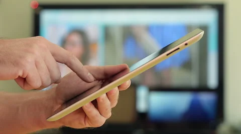 Closeup of Male Hands Using a Tablet IPad at Home Stock Footage 62584976