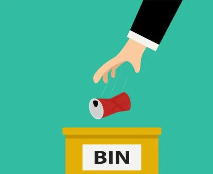 Closeup, man dropped the cans into the bin, vector Stock Illustration