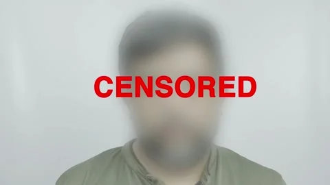 Closeup of man with gaussian blur and red censored text on white background Stock Footage 309299839