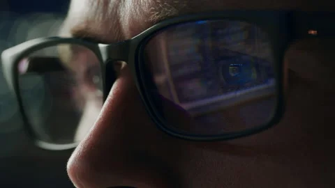 Closeup Man Glasses Screen Reflection Stock Footage 160362146