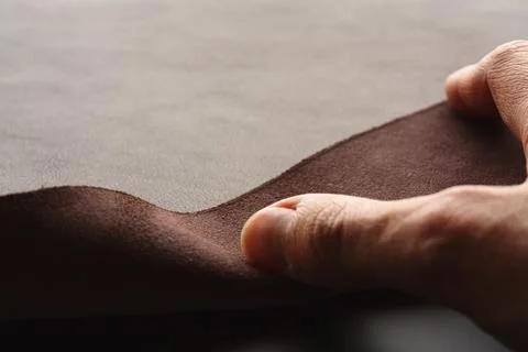 Closeup man hand check dark brown full grain leather Stock Photos