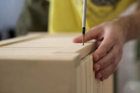 Closeup man hand using manual screwdriver and screwing screw in board Foto stock