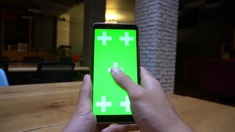 Closeup Man Hand Using Smart Phone Application Pointing Green Screen Touching Stock Footage 109550988