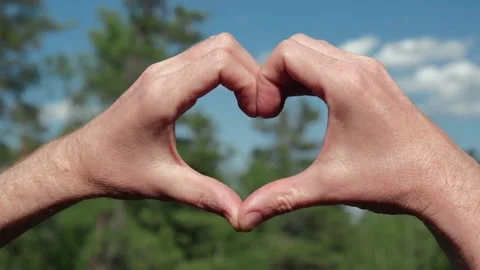 Closeup of man hands in shape of heart against background of forest and the sky. Stock Footage 233184295