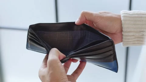 Closeup man opens an empty wallet with no money has nothing to pay. Poverty, Stock Footage 336450409