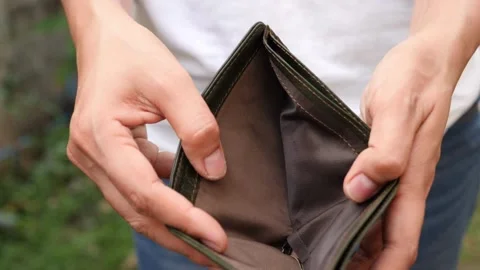Closeup man opens an empty wallet with no money has nothing to pay. Poverty, Stock Footage 336450648