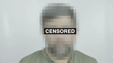 Closeup of man with pixelated censored head and text on white background Stock Footage 309300713