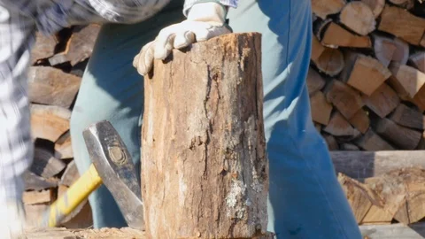 Closeup of a Man Placing a Log onto a Chopping Block in 4K Stock Footage 85872892